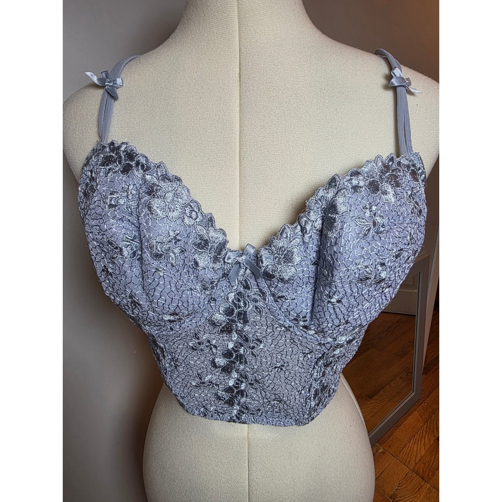 Victorias Secret Floral Lace Longline Corset Bra Blue 36D 129-578-883 Boho Y2K